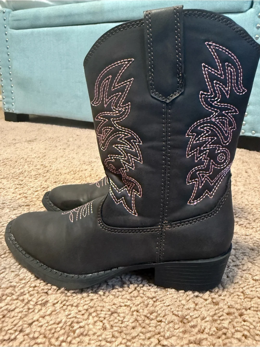 Deer Stags Black Mid-Calf Western Boots with Pink Stitching